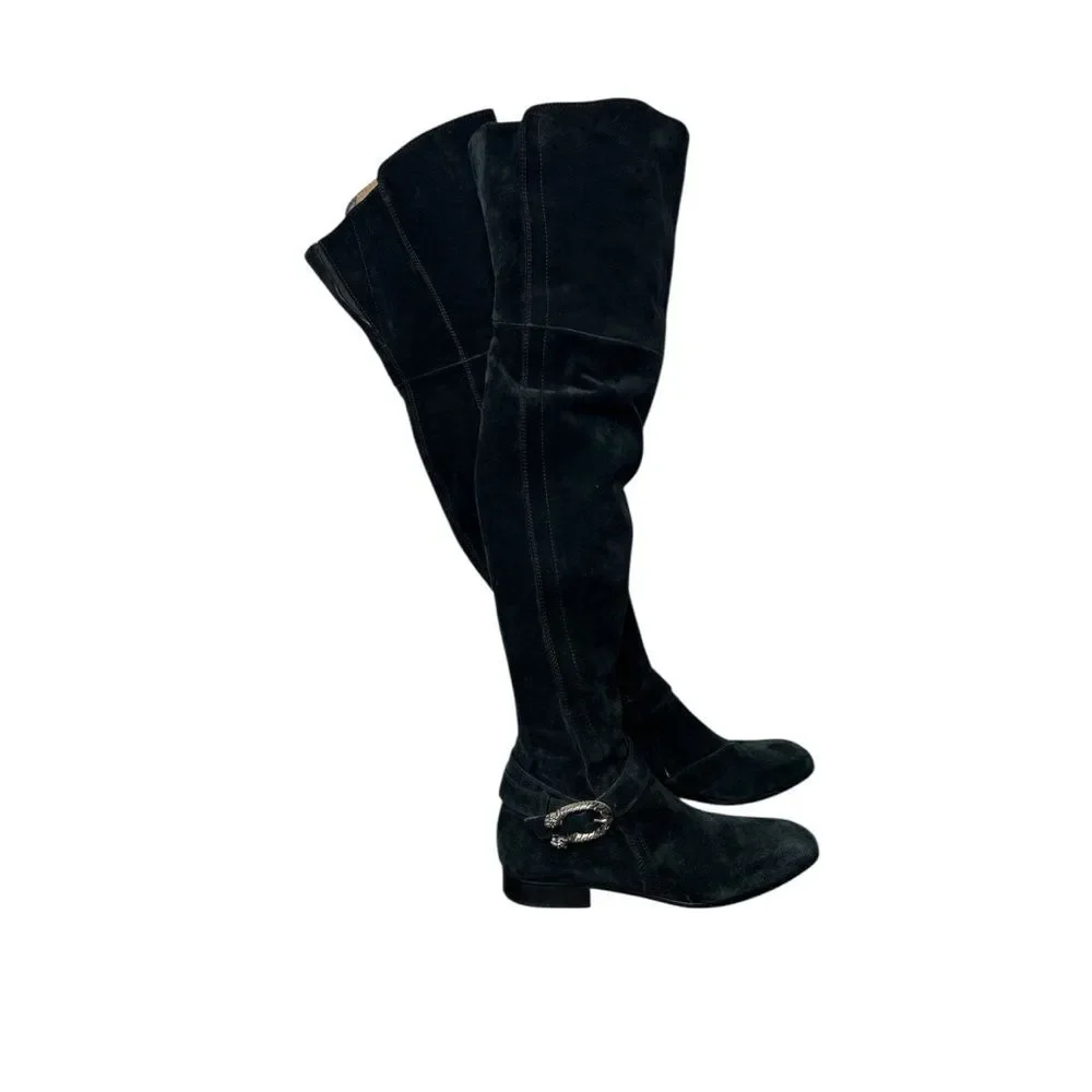 GUCCI Dionysus Black Suede Leather Over-The-Knee Boots Size 40 Luxury Buckle